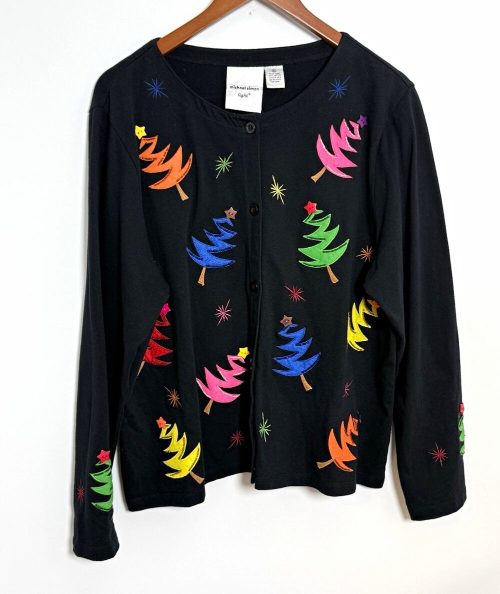 Michael Simon Light Womens XL Black 100% Cotton Knit Christmas Tree Cardigan Y2K